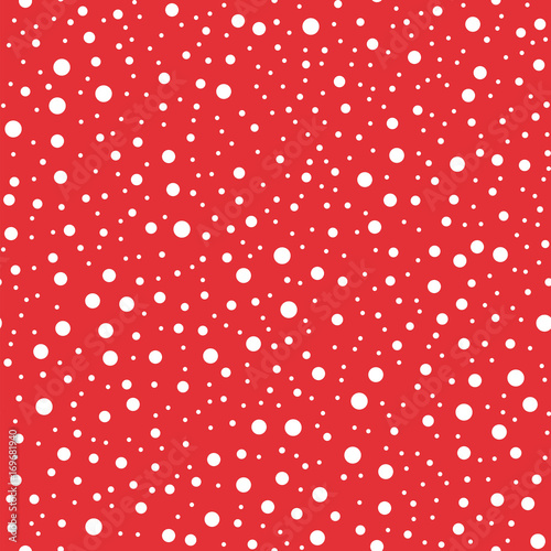 White polka dots seamless pattern on red background. Cool classic white polka dots textile pattern in restrained colours. Seamless scattered confetti fall chaotic decor. Vector illustration.