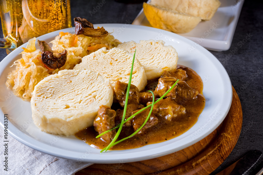 Original Czech dumpling with goulash Original Czech dumpling with goulash