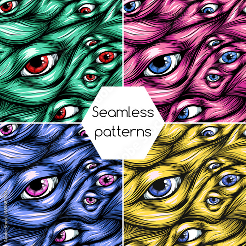 Waves of hair. Eyes. Seamless pattern. Scary set.