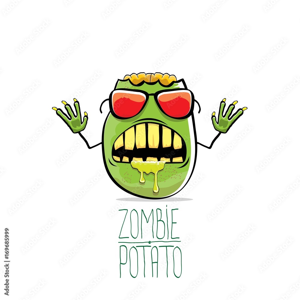 vector funny cartoon cute green zombie potato isolated on white background. Halloween monster vegetable funky character
