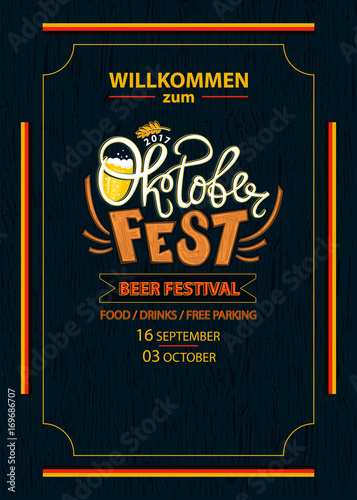 Oktoberfest celebration background, poster template, logo. German Lettering typography. Beer festival, vector illustration.