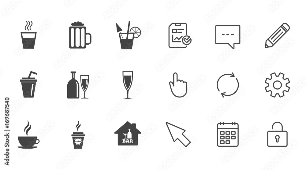 Cocktail, beer icons. Coffee and tea drinks. Cocktail, beer icons. Coffee and tea drinks.