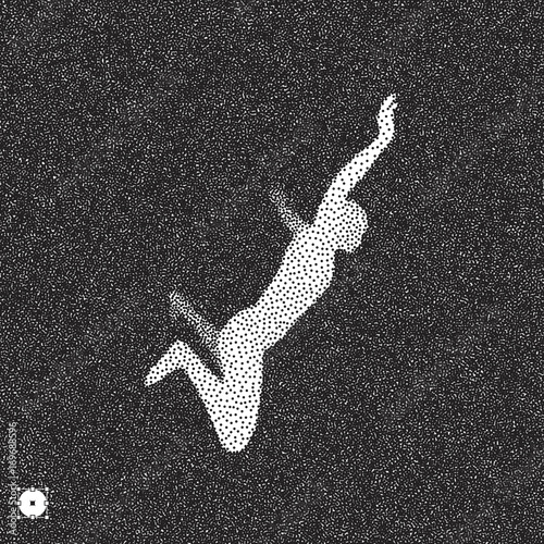 Man falls down from a height. 3D model of man. Black and white grainy dotwork design. Stippled vector illustration.