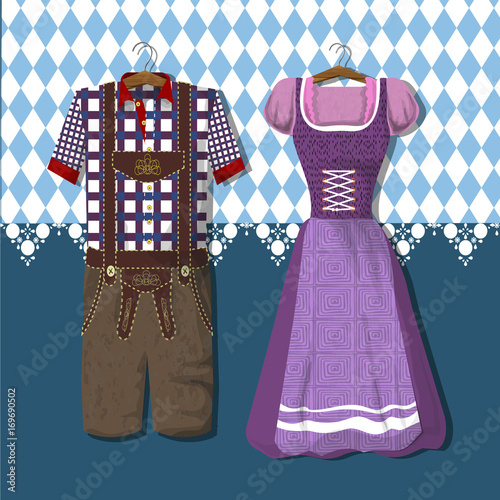 Dirndl und Lederhose auf einem Hintergrund in Blau Weiß zum Oktoberfest. Grußkarte von München 