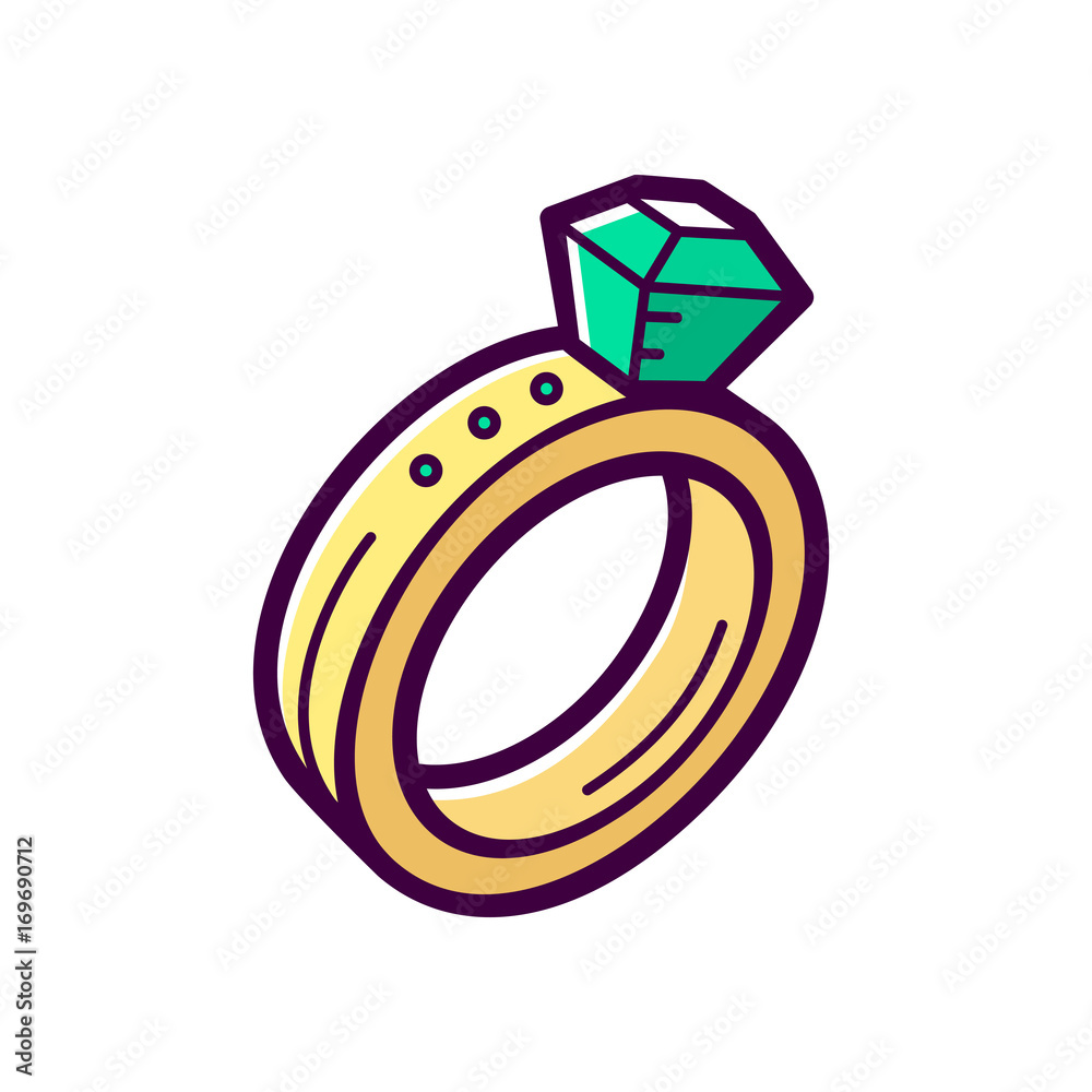 Golden engagement ring with big emerald isolated on white background.  Fashionable jewelry accessory with diamond. Vector icon in outline cartoon  style for t shirt or logo design Stock Vector | Adobe Stock
