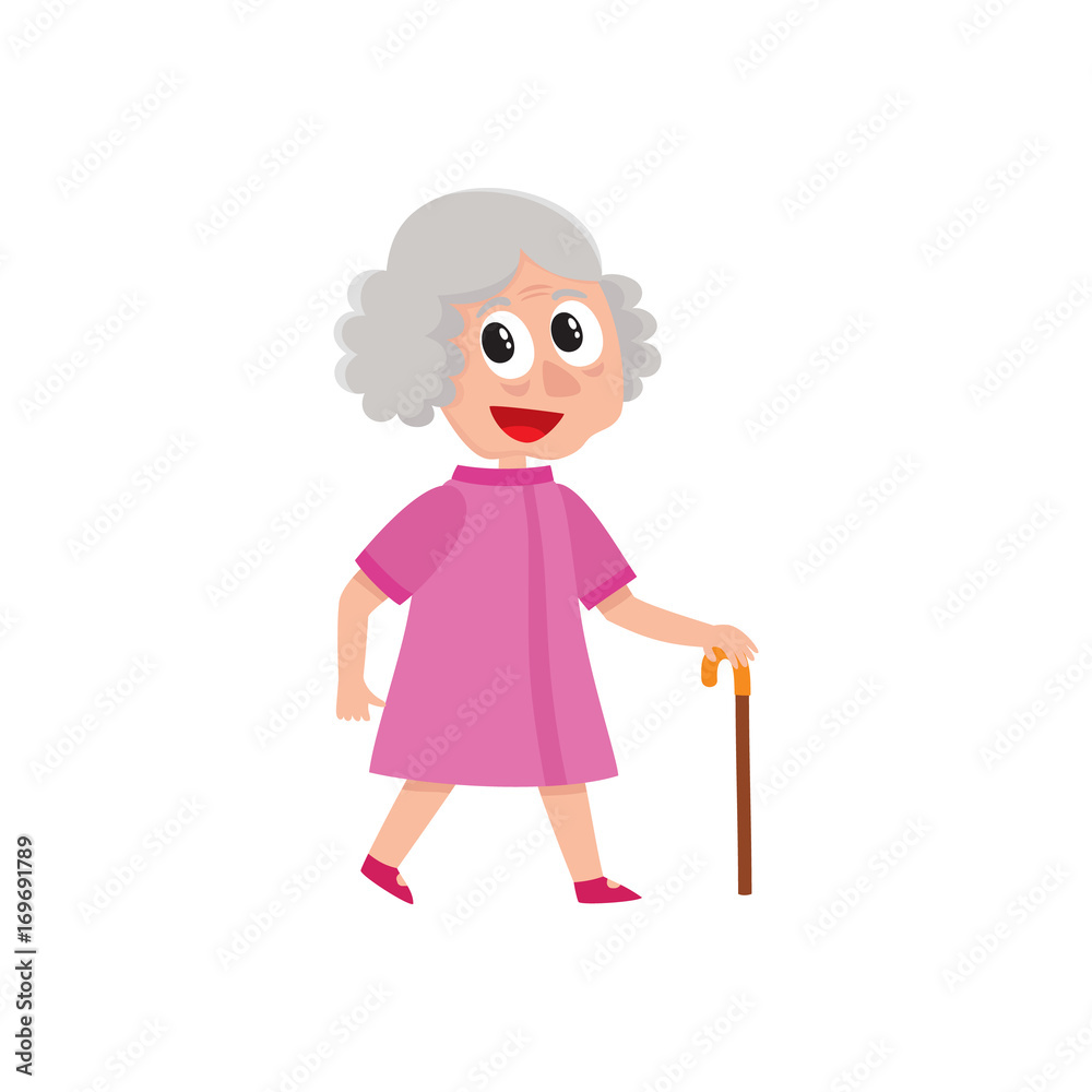vector adult grey-haired woman walks happily keeping cane in hand. Flat cartoon isolated illustration on a white background vector adult grey-haired woman walks happily keeping cane in hand. Flat cartoon isolated illustration on a white background