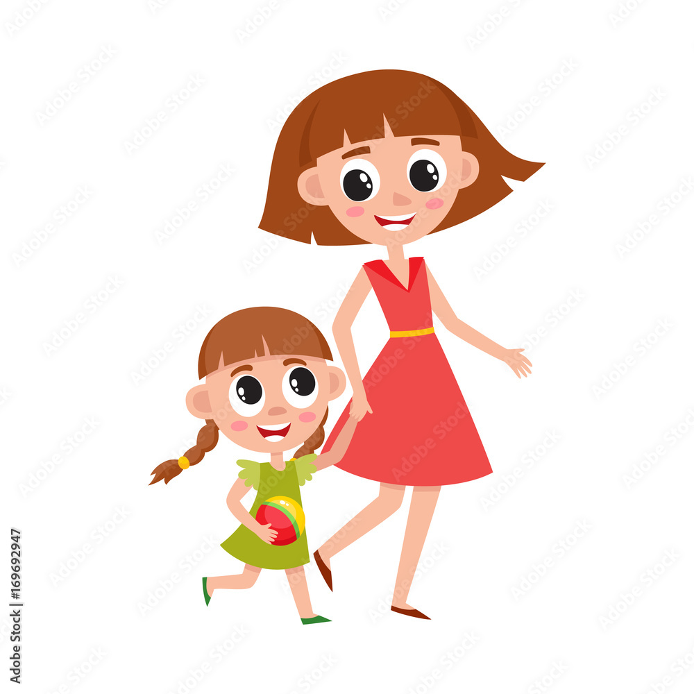 Mother and daughter, little girl walking with her mom, holding hands and  talking, cartoon vector illustration isolated on white background. Cartoon  girl walking with her mom, mother and daughter Stock Vector |