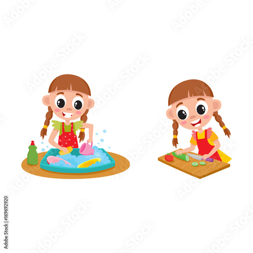 Little girl doing housework, chore - washing dishes and cooking, cartoon vector illustration isolated on white background. Cartoon little girl washing dishes and cooking, doing housework