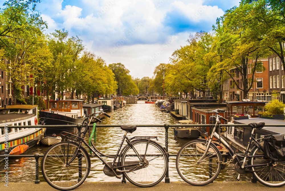 Bikes on the bridge in Amsterdam Netherlands