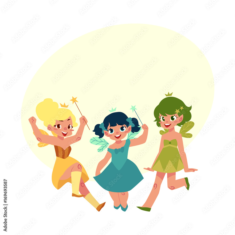Φωτογραφία Set of fairy girls in colorful dresses with wings and wands, cartoon vector illustration with bubble speech