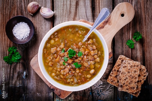 lentil soup with crispbread and parsley