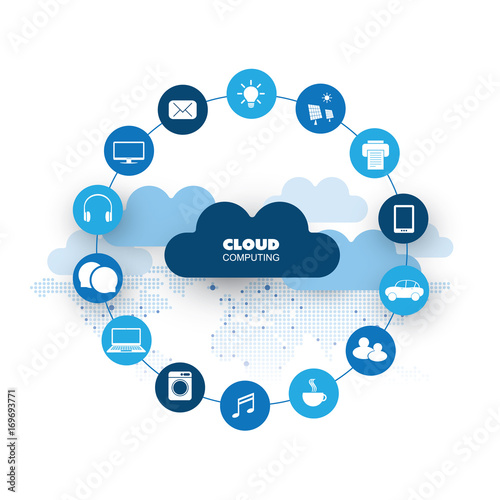 Cloud Computing, Networks Design Concept with Icons Representing Various Kinds of Digital Devices or IoT Services