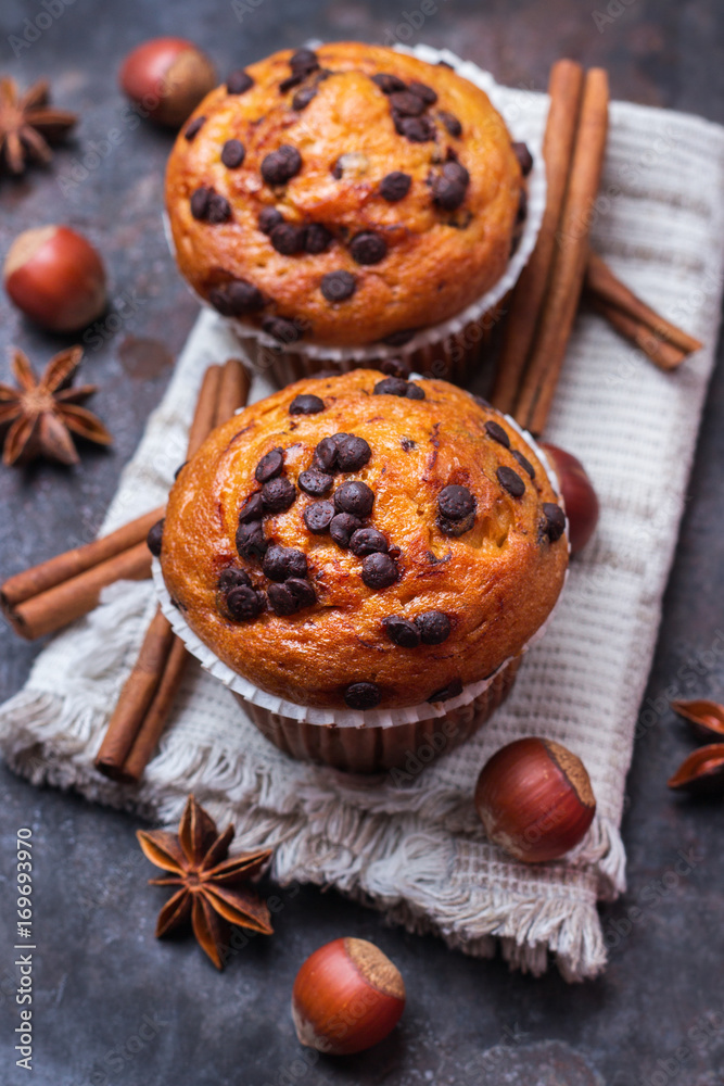 Homemade chocolate chip spicy muffins cake for breakfast Homemade chocolate chip spicy muffins cake for breakfast