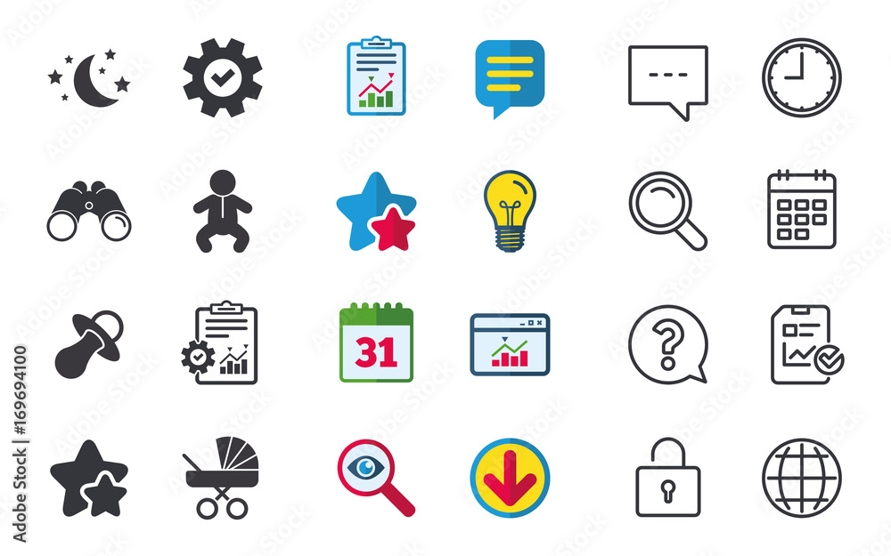 Moon and stars. Baby infant icon. Buggy, dummy. Moon and stars. Baby infant icon. Buggy, dummy.