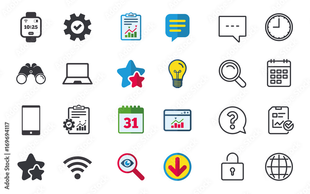 Notebook and smartphone icon. Smart watch symbol. Notebook and smartphone icon. Smart watch symbol.