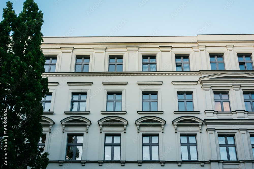 detailed view of white facade with copy space in the air