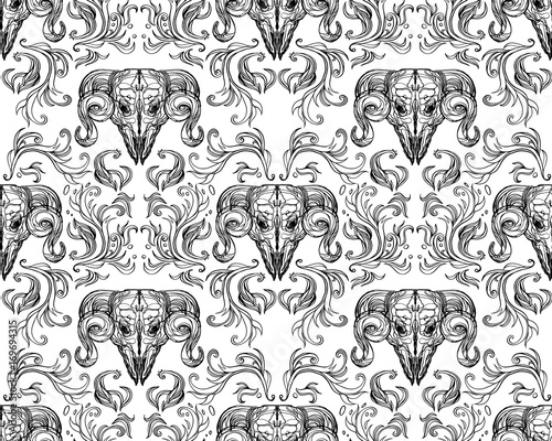 Ornamental hand drawn pattern illustration with abstract vignette elements and horned animal skull. Black and white tile wallpaper. Ink vintage victorian baroque style. Tattoo textile, clothes fabric,
