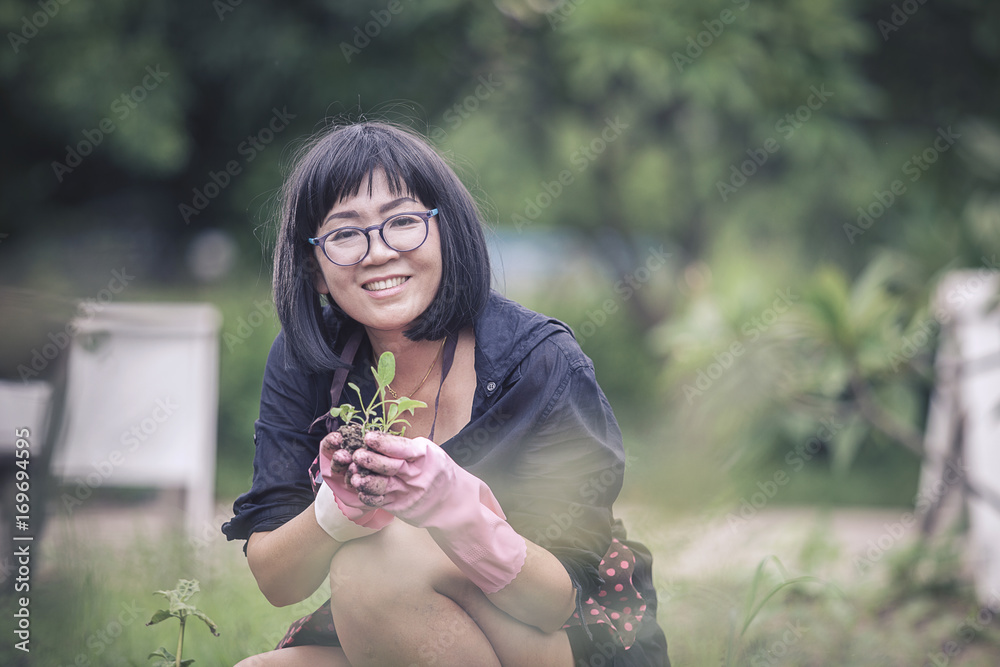 asian woman planting organic vegetable in home garden asian woman planting organic vegetable in home garden