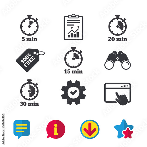 Timer icons. Five minutes stopwatch symbol.