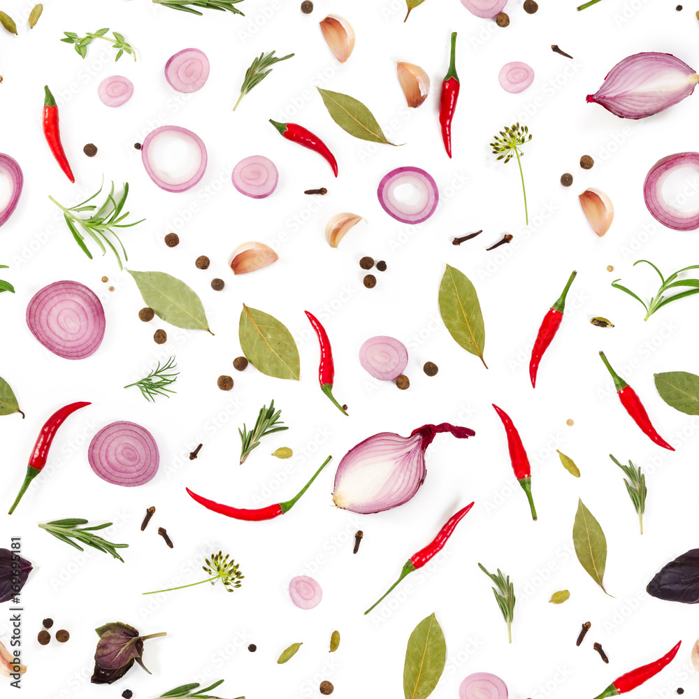 Seamless pattern with spices and herbs. Flat lay.