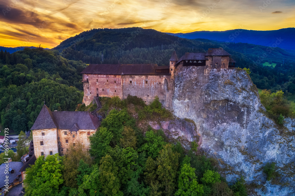 Sunset over a castle in Slovakia