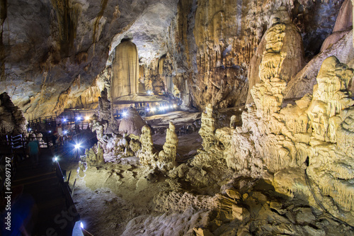 Highlighted limestone formations in the Paradise Cave or Thien doung cave . Phong Nha ke bang region of Vietnam
