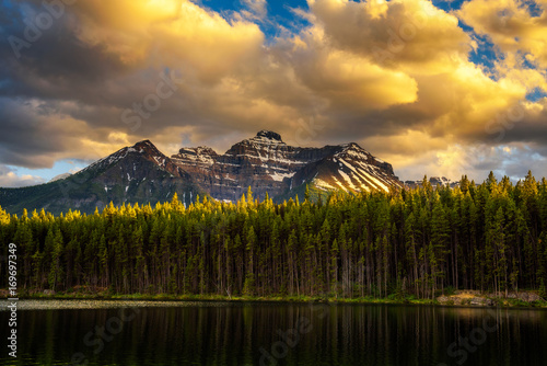 Photos Sunset over deep forest along the Herbert Lake in Banff National Park, Alberta,