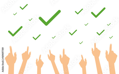 Hände zeigen auf viele grüne Hakerl
