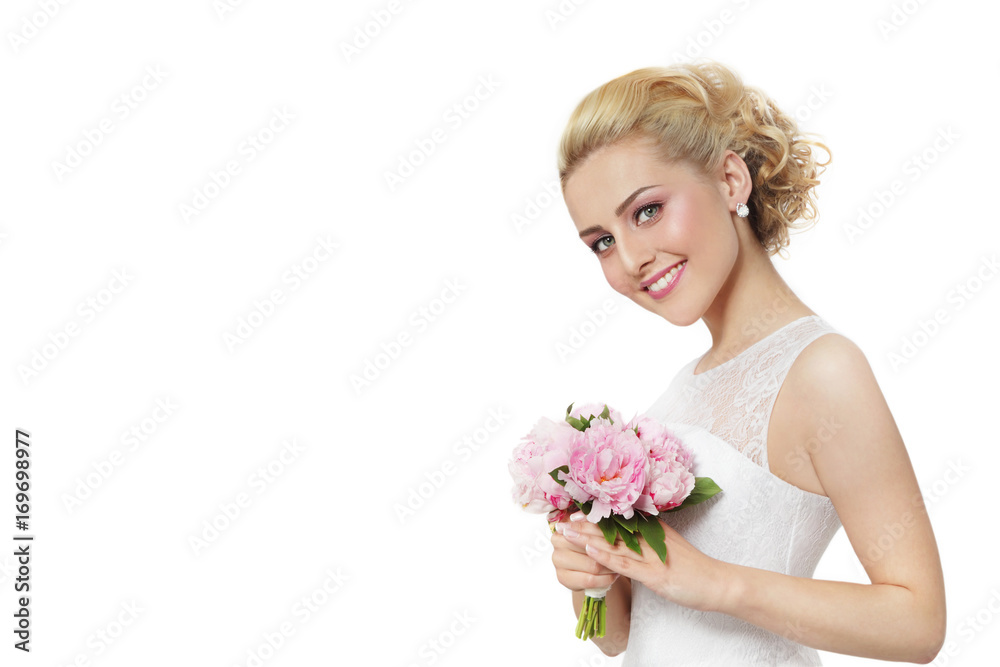 Young slim beautiful blonde happy smiling bride in lacy dress over white background