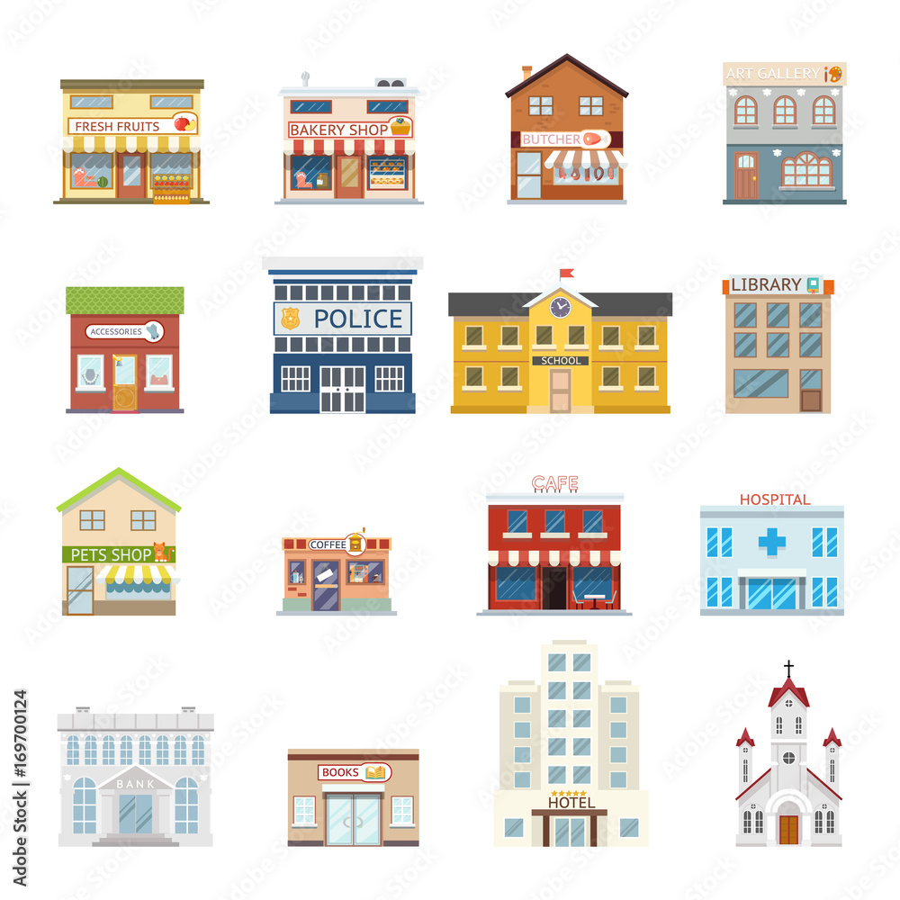 City street building shops real estate architecture set isolated flat design vector illustration