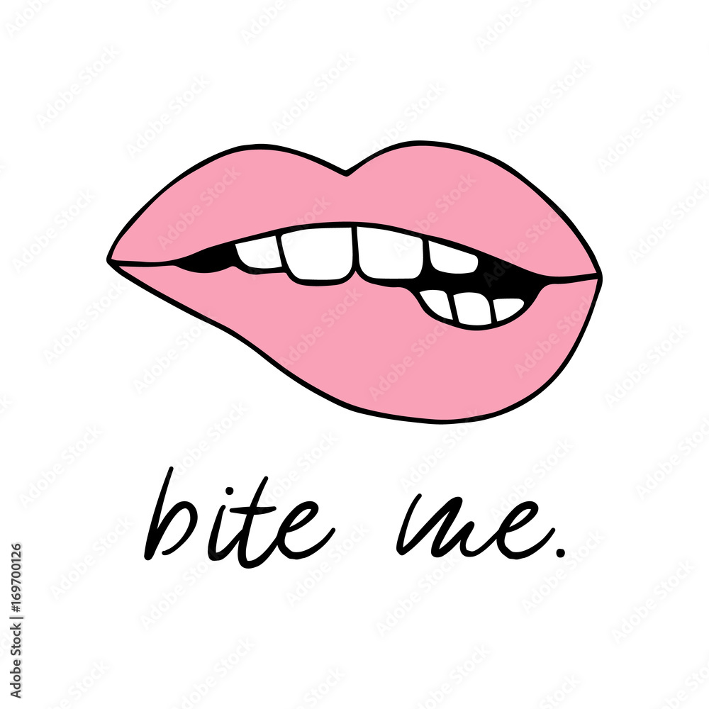 Pink biting lips vector illustration drawing, print with writing bite me.  Cartoon seductive, sexy lips print, icon isolated on white background.  Stock Vector | Adobe Stock