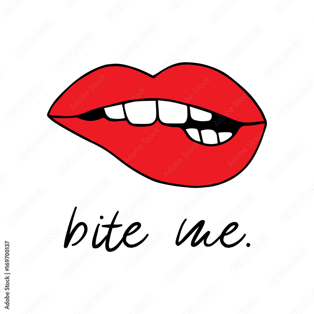 Red biting lips vector illustration drawing, print with writing bite me.  Cartoon seductive, sexy lips print, icon isolated on white background.  Stock Vector | Adobe Stock