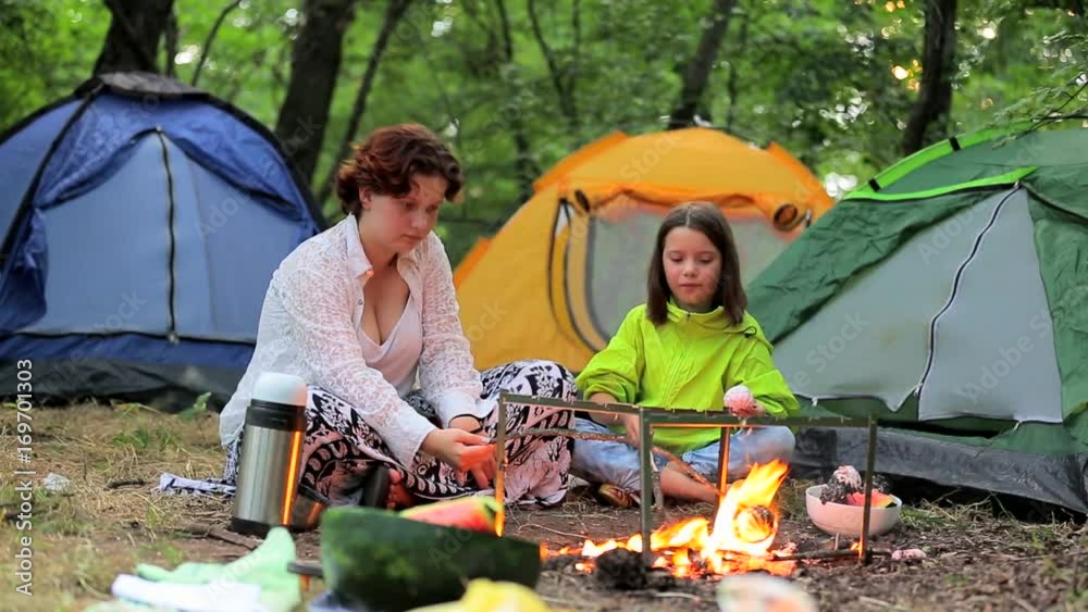 Two sisters in the evening in the forest at the fire roasting marshmallows. Two sisters in the evening in the forest at the fire roasting marshmallows.