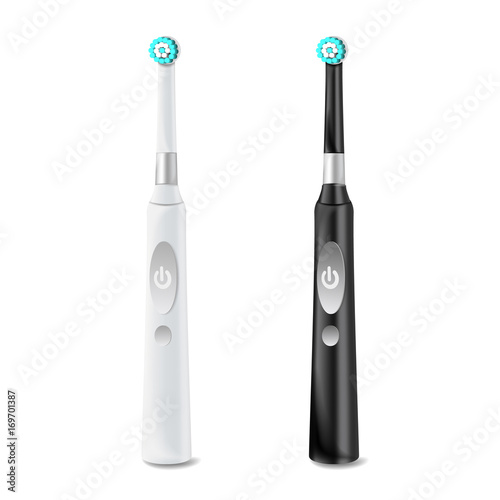 Electric Toothbrush Set Vector. Realistic Classic Tooth Brush Mock Up For Branding Design. Black And White. Isolated On White Illustration.