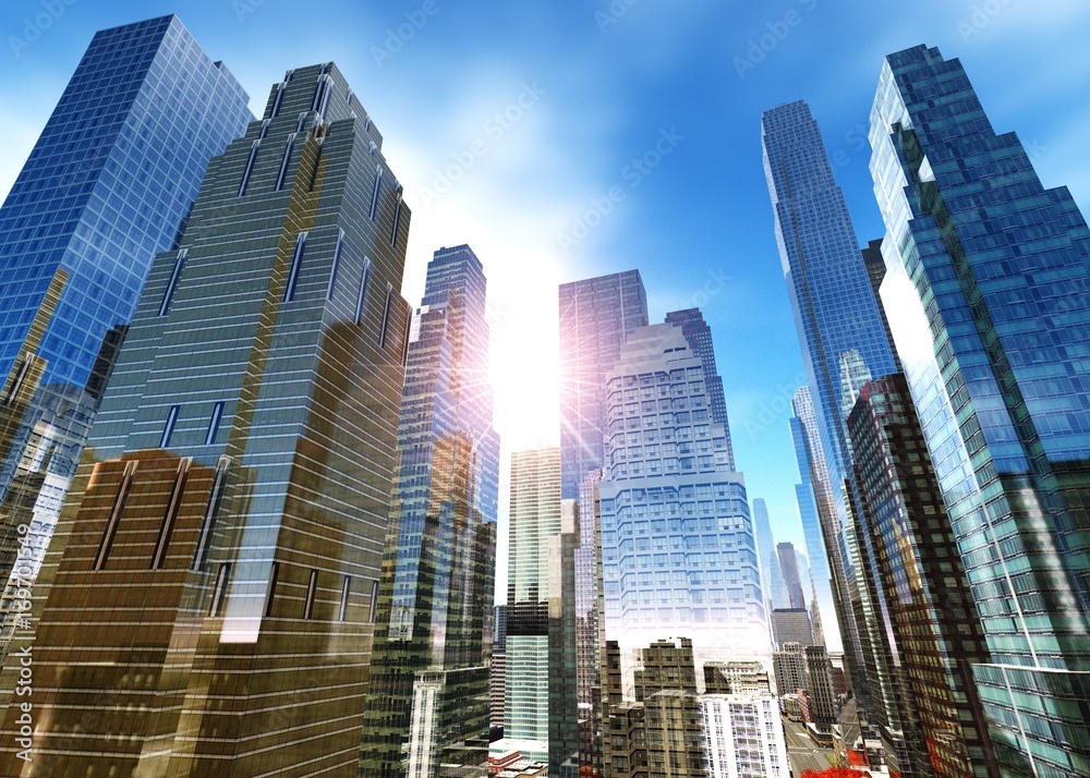 Obraz premium skyscrapers in the autumn city, modern buildings against the sky in the autumn, 3d rendering 