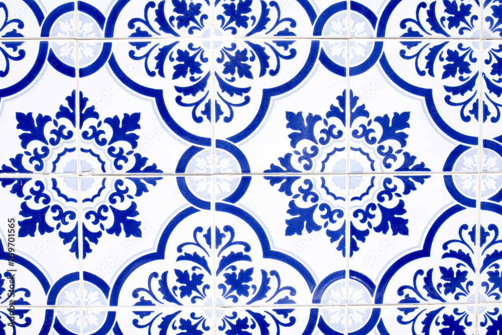 Portuguese azulejo tiles. Watercolor seamless pattern - obrazy, fototapety, plakaty 