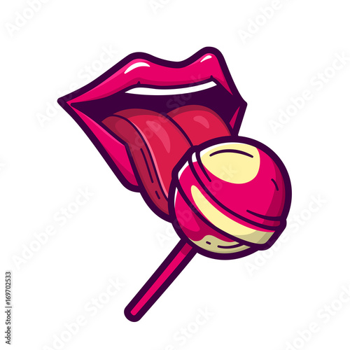 Sexy red female lips and tongue with shiny lollipop isolated on white background. Woman licking round sugar candy on stick. Vector illustration in cartoon comic style for t shirt design