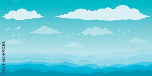 Graphic sea and clouds, bird in the sky, sky, sea, scene, beautiful, background, water, nature, pattern, Blue waves sea ocean abstract pattern background colorful vector illustration