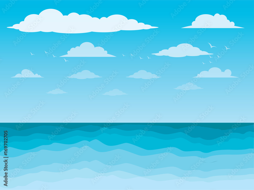 Graphic sea and clouds, bird in the sky, sky, sea, scene, beautiful, background, water, nature, pattern, Blue waves sea ocean abstract pattern background colorful vector illustration