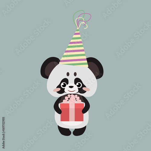 Fototapeta Naklejka Na Ścianę i Meble -  Cute panda with a gift and hat