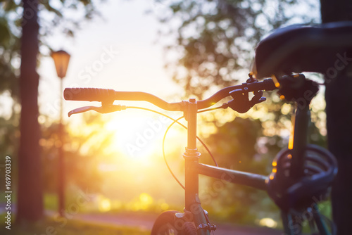 Hands in gloves holding handlebar of a bicycle. Mountain Bike cyclist riding single track. Healthy lifestyle active athlete doing sport