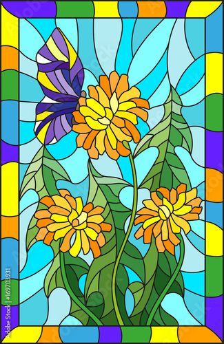 Fototapeta Naklejka Na Ścianę i Meble -  Illustration in stained glass style flower of Taraxacum and butterfly on a blue background in a bright frame