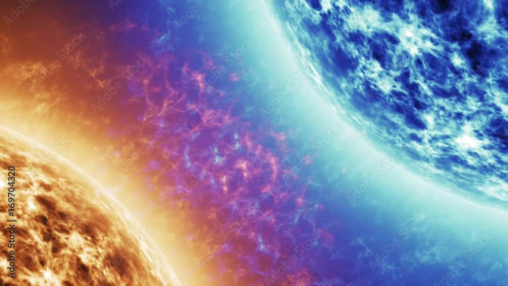 Blue star Vs Red star. Red Sun surface with solar flares against Blue sun isolated on black. Highly realistic sun surface with space for your text or logo 4k.
