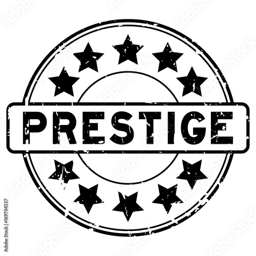 Grunge black prestige with star icon round rubber seal stamp on white background