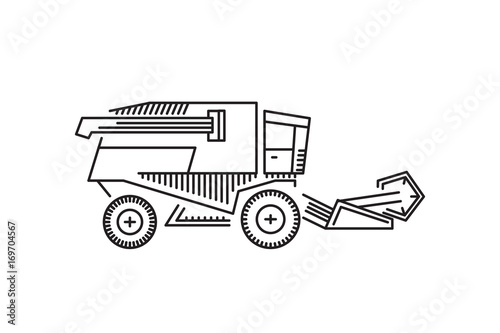 Harvester vector icon in a linear fashion. Agricultural working in the fields, on the farms for harvesting grain, wheat, rye.