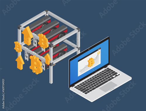 Bitcoin Workstation. Graphic cards rig. Mining stand. Isometric.