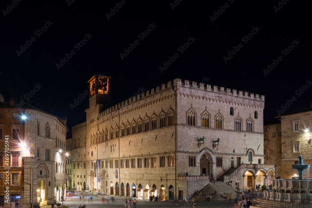 Perugia historical city centre at night , Italy