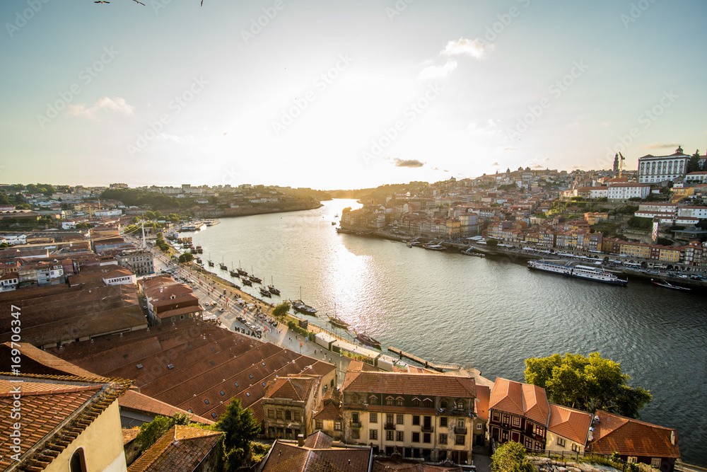 Porto, Portugal - July 2017. Panorama of the city of Porto and the river of Douro at sunset. Portugal. Porto popular tourist destination of Europe