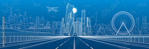 Wide highway. Urban infrastructure illustration panorama, futuristic city on background, modern architecture. Airplane fly. White lines on blue background, night scene, vector design art