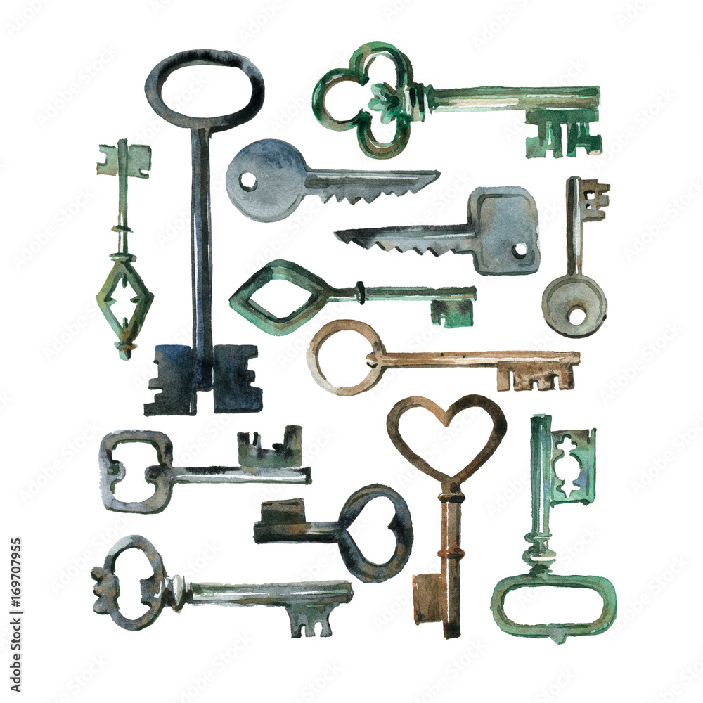 Obraz premium Old keys set. Hand painted watercolor illustration on white background